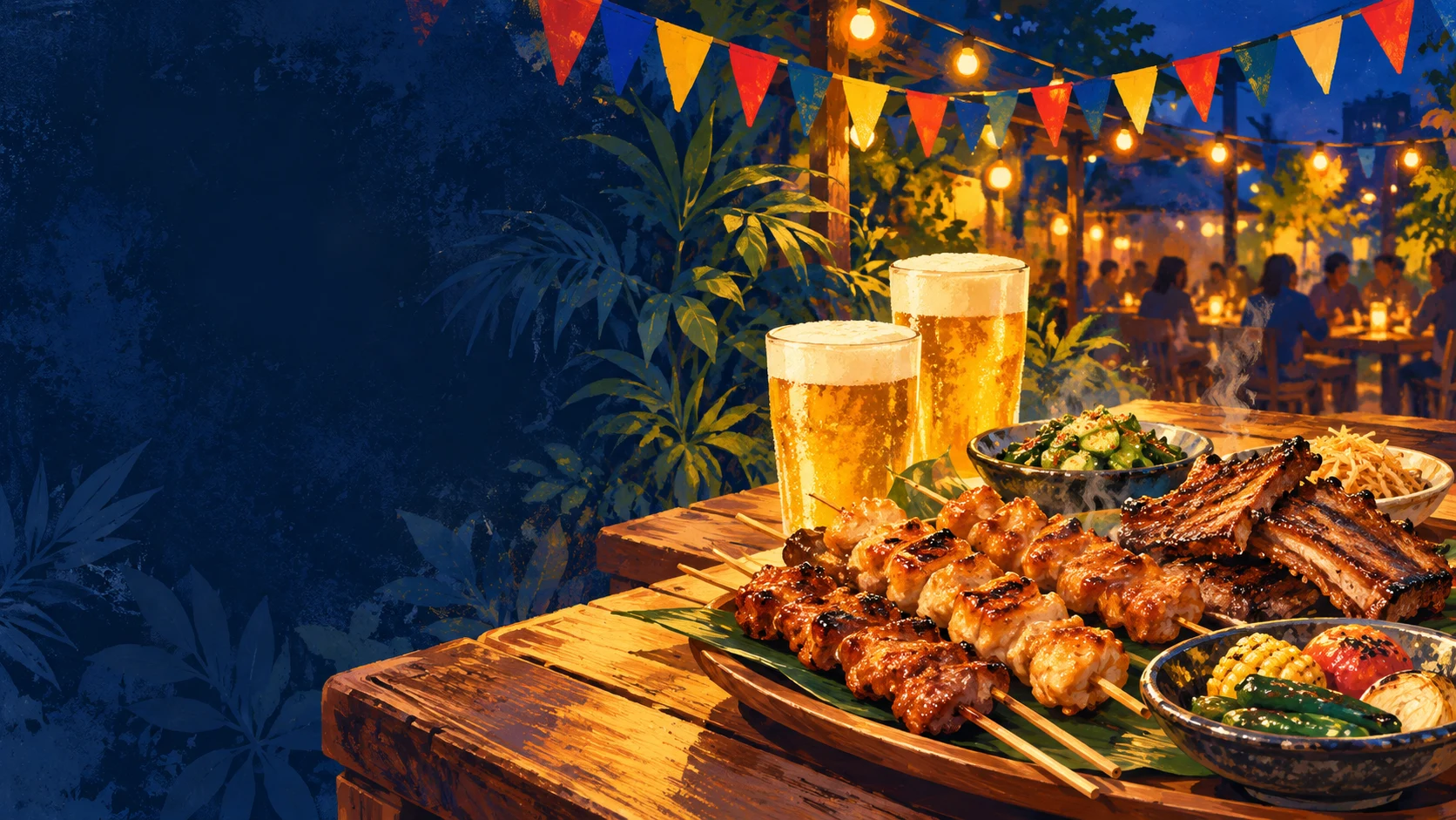 串焼きとビールを囲むフィリピンの街角をイメージしたイラスト